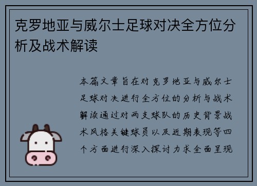 克罗地亚与威尔士足球对决全方位分析及战术解读