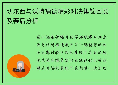 切尔西与沃特福德精彩对决集锦回顾及赛后分析