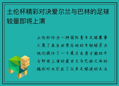 土伦杯精彩对决爱尔兰与巴林的足球较量即将上演