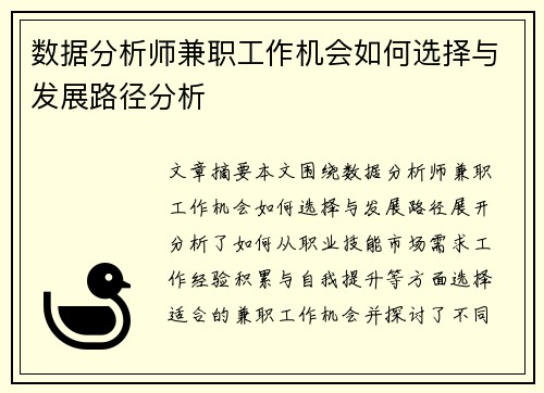 数据分析师兼职工作机会如何选择与发展路径分析