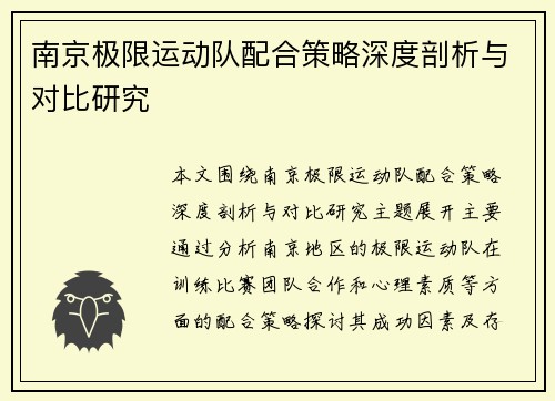 南京极限运动队配合策略深度剖析与对比研究