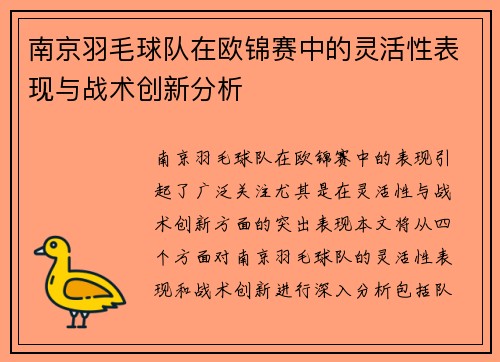 南京羽毛球队在欧锦赛中的灵活性表现与战术创新分析