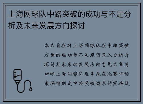 上海网球队中路突破的成功与不足分析及未来发展方向探讨