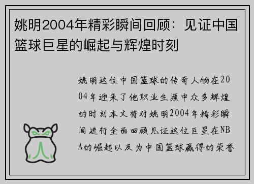 姚明2004年精彩瞬间回顾：见证中国篮球巨星的崛起与辉煌时刻