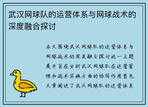 武汉网球队的运营体系与网球战术的深度融合探讨