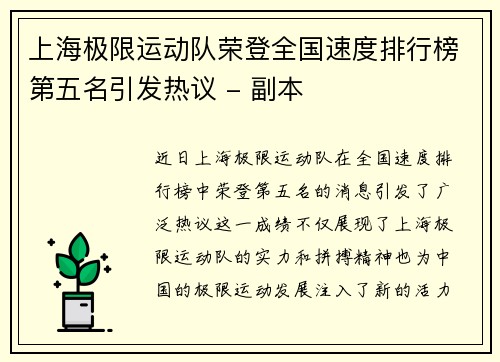上海极限运动队荣登全国速度排行榜第五名引发热议 - 副本