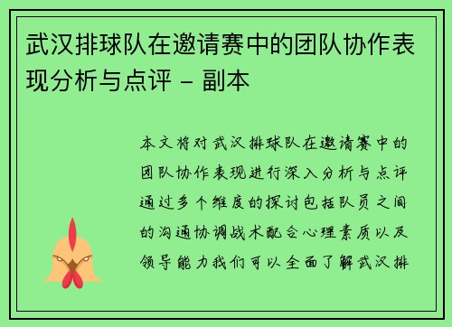 武汉排球队在邀请赛中的团队协作表现分析与点评 - 副本